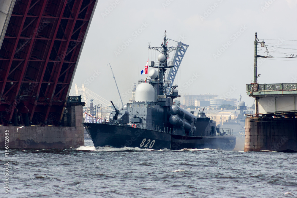 Navy day and parade on Neva river