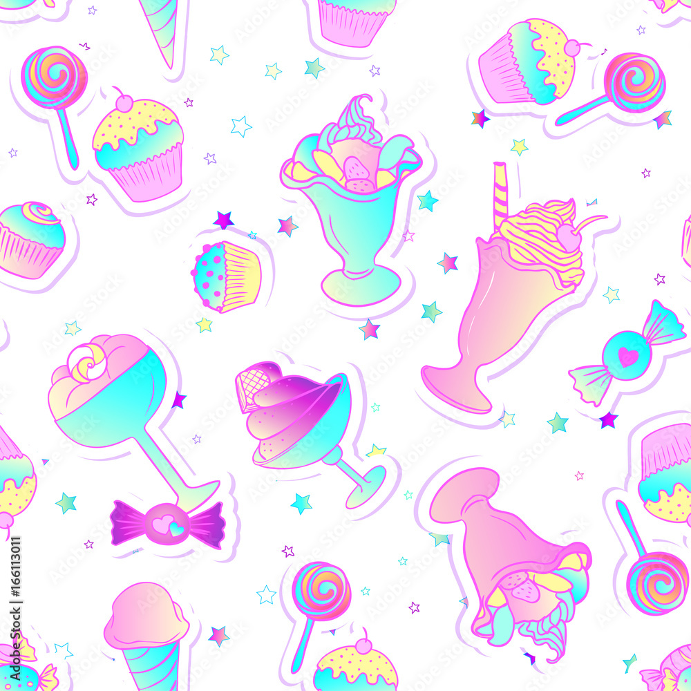Bright colorful bakery and dessert pastry cute icons. Seamless pattern with candies and sweets. Vivid colors cute vector illustration. Stickers, pins, patches.