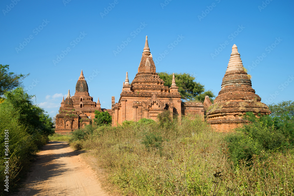 A sunny day at the ancient Buddhist pagodas of Bagan. Burma