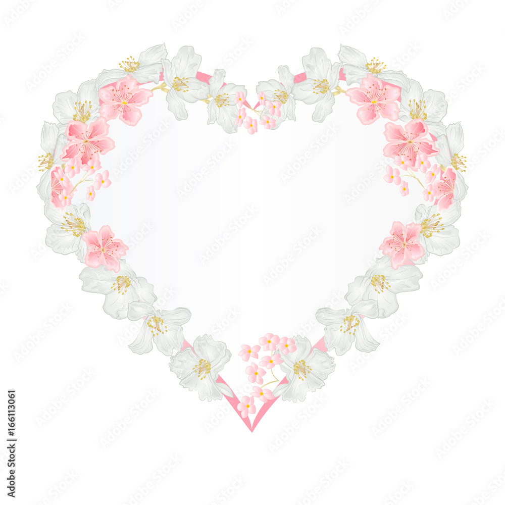 Floral  frame heart with  Jasmine and sakura  vintage  festive  background vector illustration editable hand draw