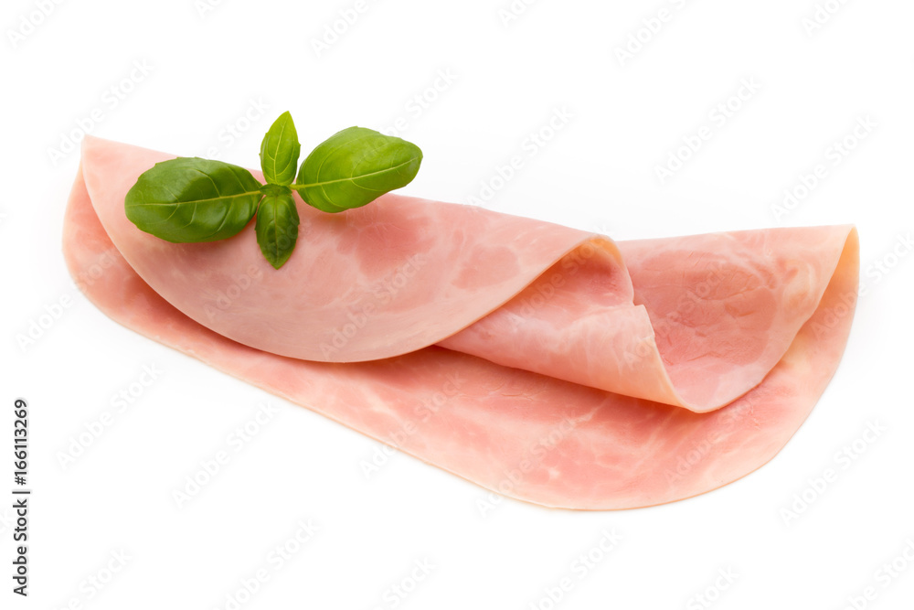 Thin slices of ham on white background. Thin slices of ham on white background.