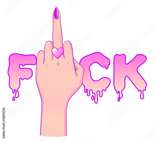Female hand showing middle finger. Feminism concept. Realistic style vector illustration in pink pastel goth colors. Sticker, patch, poster design.