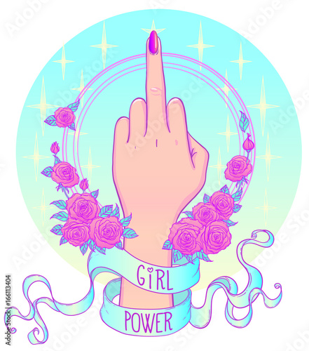 Female hand showing middle finger. Feminism concept. Realistic style vector illustration in pink pastel goth colors isolated on white. Sticker, patch