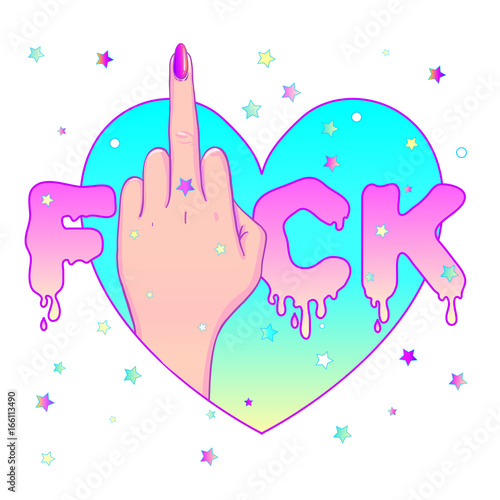 Female hand showing middle finger. Feminism concept. Realistic style vector illustration in pink pastel goth colors. Sticker, patch, poster design.