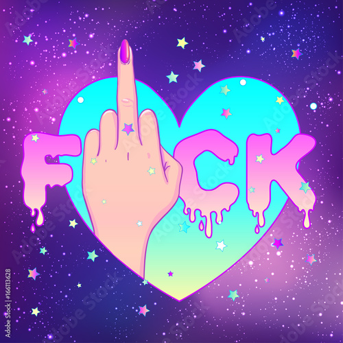 Female hand showing middle finger. Feminism concept. Realistic style vector illustration in pink pastel goth colors. Sticker, patch, poster design.