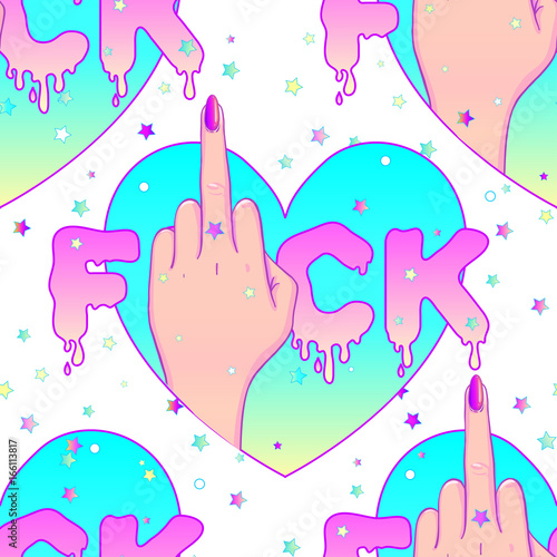 Female hand showing middle finger. Feminism concept. Realistic style vector illustration in pink pastel goth colors isolated on white. Sticker, patch, poster graphic design.