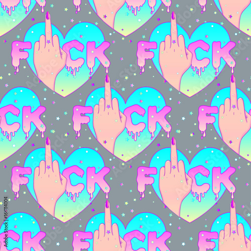 Female hand showing middle finger. Feminism concept. Realistic style vector illustration in pink pastel goth colors isolated on white. Sticker, patch, poster graphic design.