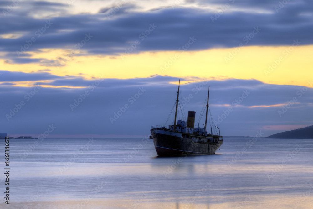 Shipwreck at sunrise, Kyle, Harbour Grace, Newfoundland and Labrador, Canada.