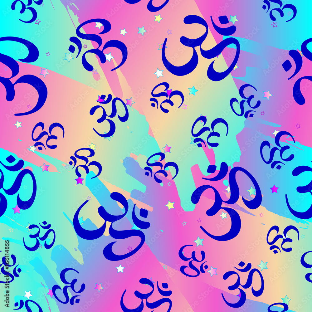 Fototapeta premium Lord Ganesha & Diwali Om Sacred Symbol Seamless Pattern. Repetition background for textiles, wrapping paper or wallpapers. Boho style ornament. indu motifs