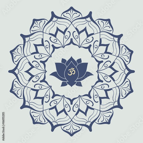Om symbol with hand drawn mandala and Lotus. Set of oriental ornaments for greeting card, invitation, yoga poster, coloring book.