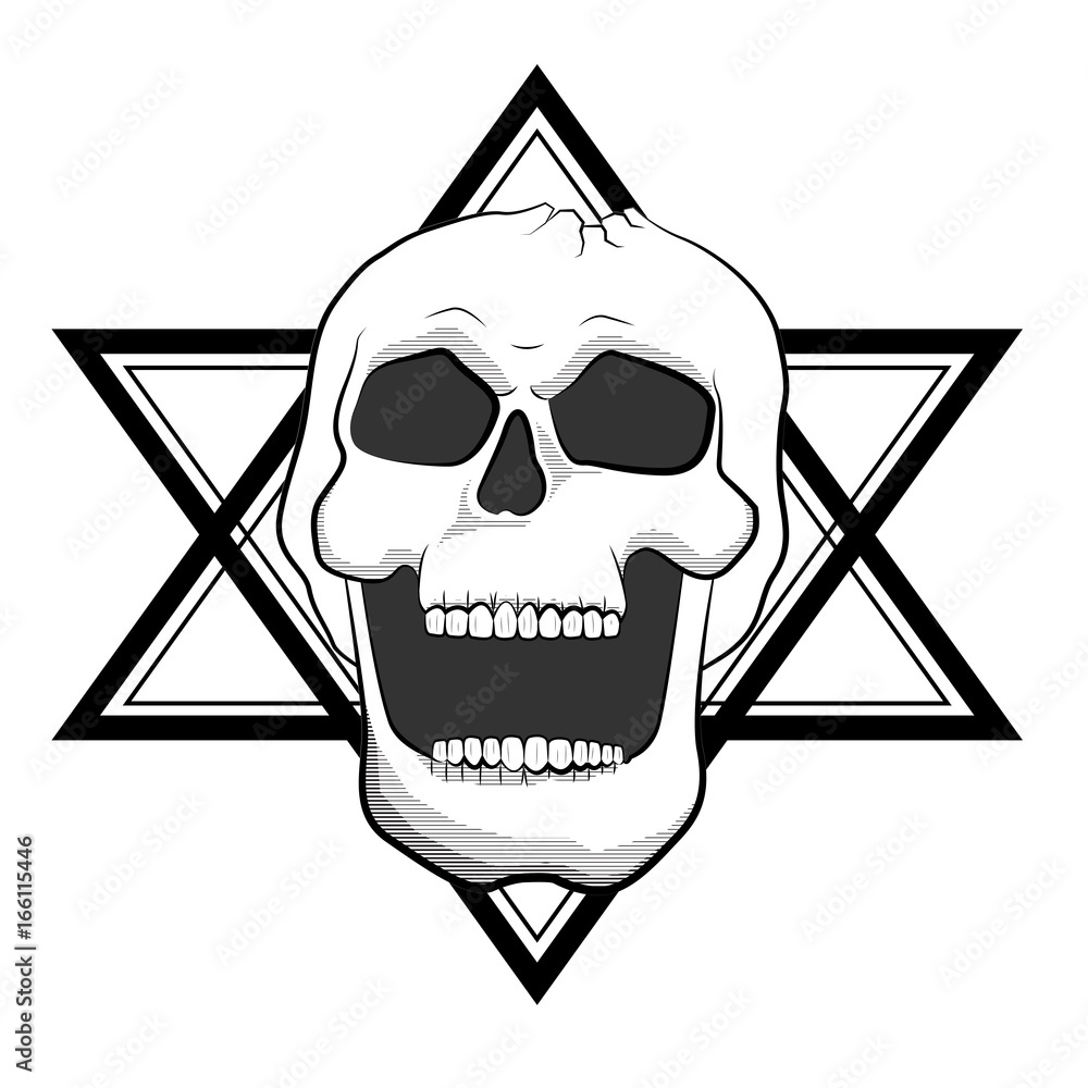 Smiling human skull on star shape background, black and white drawing with  hatched and patterned parts. Tattoo template Stock Vector | Adobe Stock