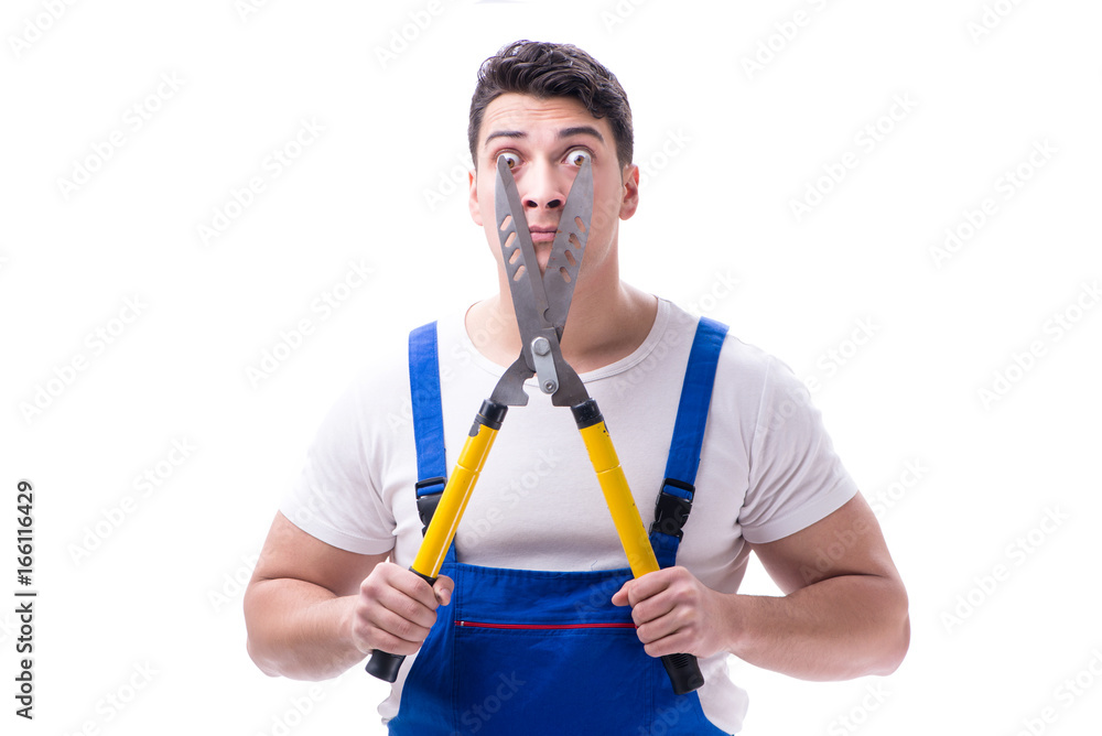 Man gardener with gardening scissors on white background isolate Man gardener with gardening scissors on white background isolate