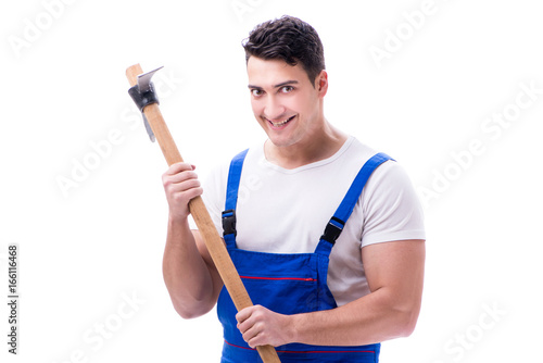 Man with a digging axe hoe on white background isolated