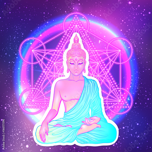 Sitting Buddha over sacred geometry background. Vector illustration. Psychedelic neon composition. Indian, Buddhism, Spiritual Tattoo, yoga, spirituality.