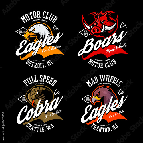 Vintage American furious eagle, boar and cobra bikers club tee print vector design set.