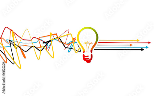 Abstract process solving, idea concept with light bulb over tangled lines with arrows pointing right