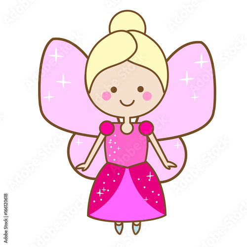 Cute fairy character. Winged elf princess in pink dress. Cartoon style, girls kids stickers