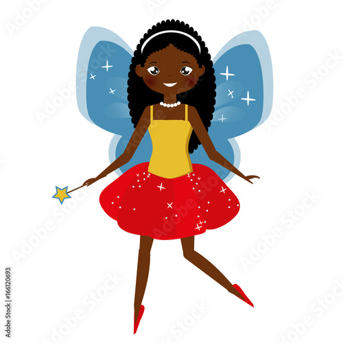 Beautiful fairy with magic wand. Winged elf princess. Cartoon style, african american fairy character