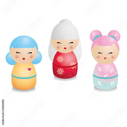 Fashionable kokeshi set. Traditional japanese dolls in realistic style. Stickers, design elements