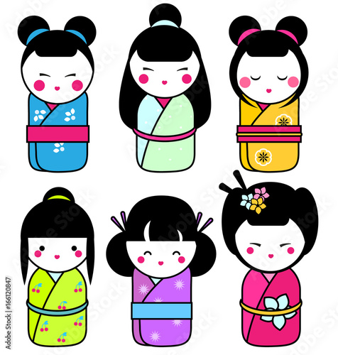 Cute kawaii kokeshi dolls stickers set. Traditional japanese dolls. hand drawn style icons
