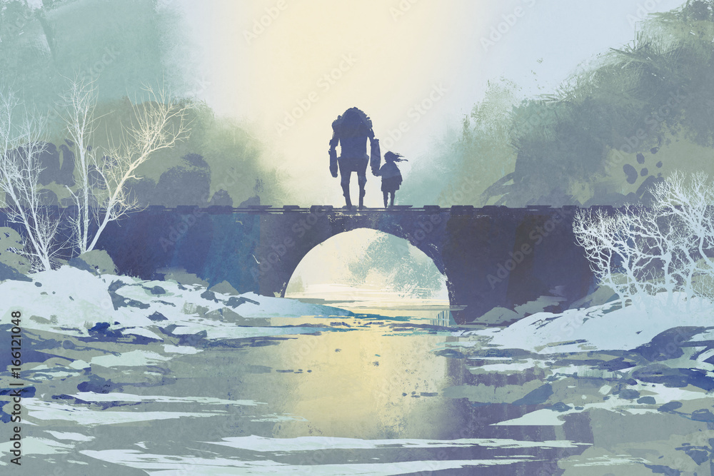 Obraz robot i dziewczynka stojący na moście w zimie, cyfrowy styl, ilustracja malarstwo