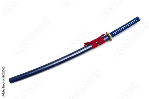 Blue Japanese sword and scabbard on white background