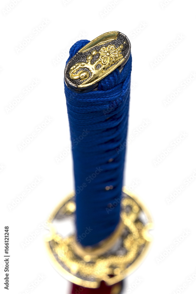Blue Tsuka : handle of Japanese sword on white background Blue Tsuka : handle of Japanese sword on white background