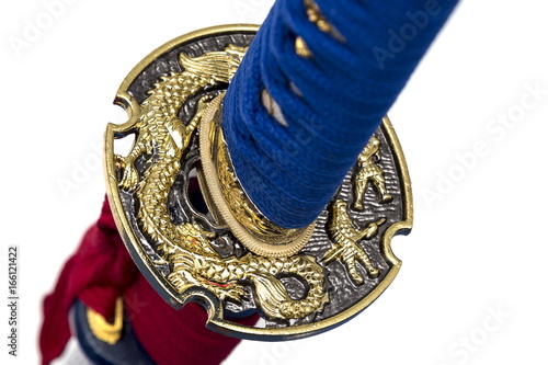 Golden dragon Tsuba : hand guard of Japanese sword on white background