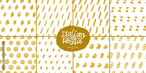 Different kinds of Italian pasta seamles vector pattern set.