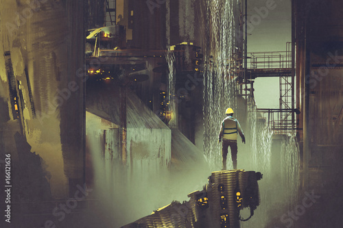scene of the engineer standing on a platform looking at futuristic dam, digital art style, illustration painting