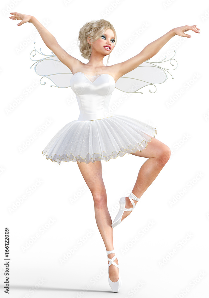3D ballerina with wings. Forest Fairy. Butterfly. White ballet tutu. Blonde girl with blue eyes. Ballet dancer. Studio photography. High key. Conceptual fashion art. Render illustration.