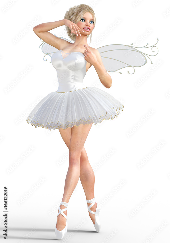 Naklejka premium 3D ballerina with wings. Forest Fairy. Butterfly. White ballet tutu. Blonde girl with blue eyes. Ballet dancer. Studio photography. High key. Conceptual fashion art. Render illustration.