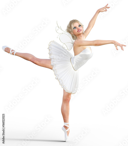 3D ballerina with wings. Forest Fairy. Butterfly. White ballet tutu. Blonde girl with blue eyes. Ballet dancer. Studio photography. High key. Conceptual fashion art. Render illustration.