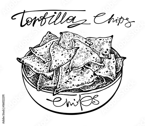 Tortilla chips plate. Graphic hand drawn vector illustration.