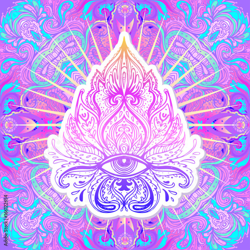 All seeing eye in lotus vector ornamental Lotus flower, ethnic art, seamless pattern Indian paisley. Hand drawn illustration. Invitation element.