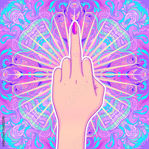 Female hand showing middle finger over mandala, beautiful vintage round pattern. Vector illustration. Psychedelic neon composition. Indian.