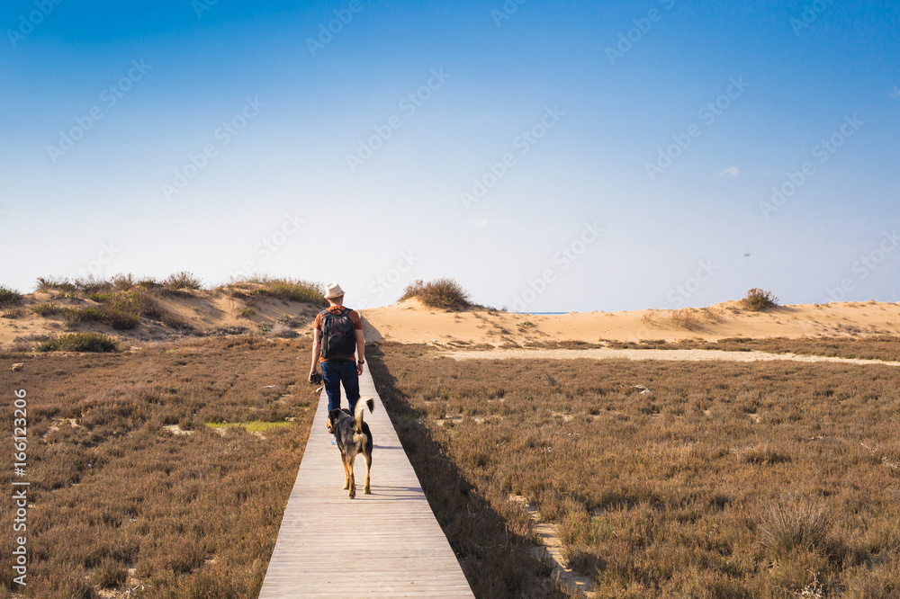 View from behind of a man walking with his dog on a road leading through beautiful landscape