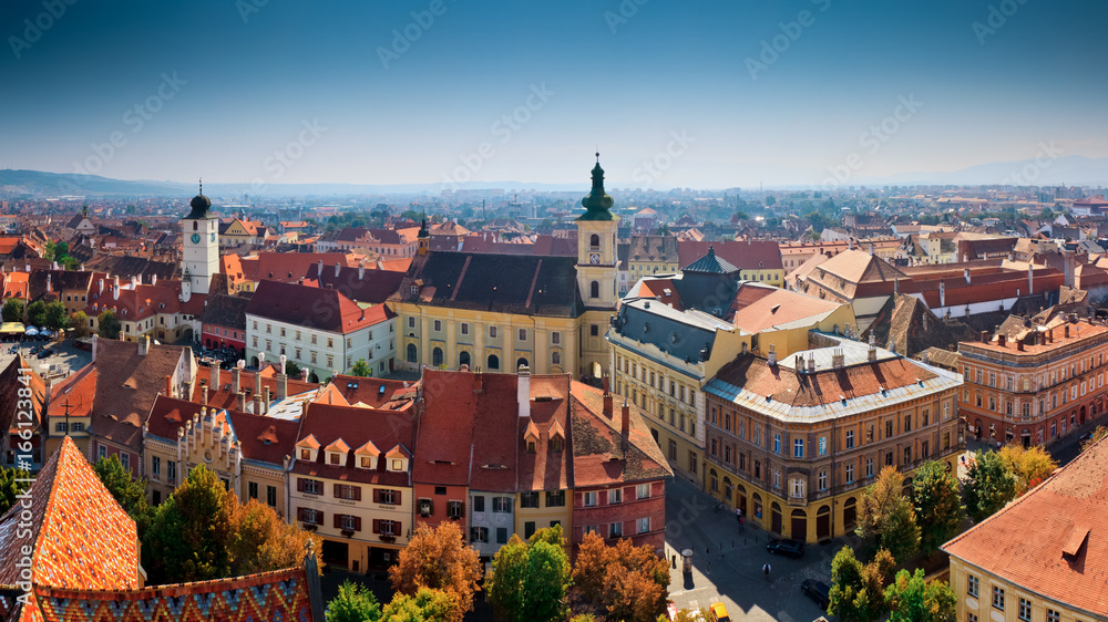 A panoramic shot of the Transylvanian medieval town of Sibiu, Romania