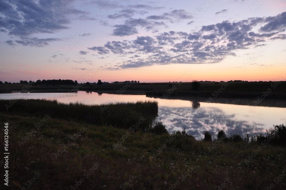Ukrainian farm sunset, river beautiful landscape