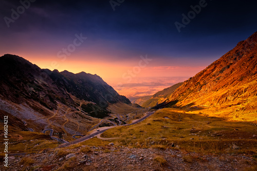 Golden hour wide angle sunset shot of the Fagaras Mountains, Sibiu, Transylvania, Romania