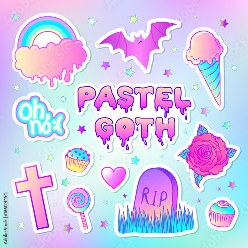 Colorful seamless pattern: candies, sweets, rainbow, ice cream, tombstone, cross, lollipop, cupcake, rose, bat. Vector illustration. Stickers, pins, patches. Halloween pastel colors.