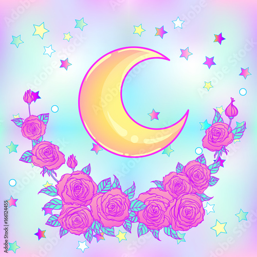 Mystical background with sky, moon, stars and red roses on a white background. Tattoo. Hipster style, pastel goth, vibrant colors.