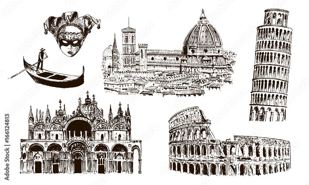 Italian architectural symbols: Coliseum, Duomo Santa maria del fiore, pisan tower, Basilica di San Marco, gondola, carnaval mask. drawn vector sketch illustration