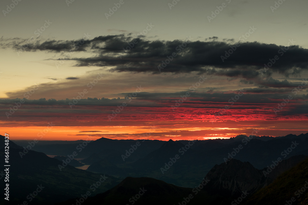 dramatic sunset in the swiss mountains