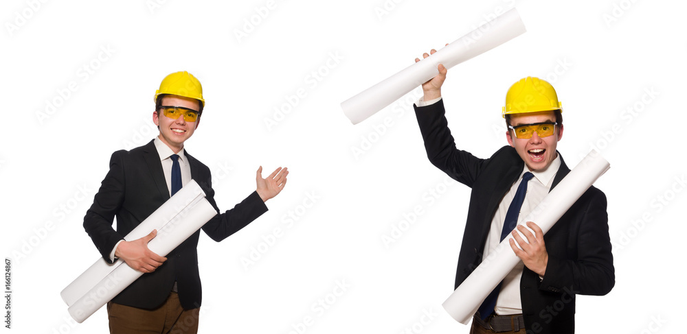 Funny architect with drawings on white Funny architect with drawings on white