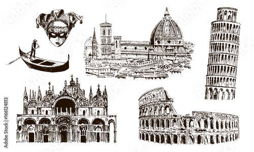 Italian architectural symbols: Coliseum, Duomo Santa maria del fiore, pisan tower, Basilica di San Marco, gondola, carnaval mask. drawn vector sketch illustration