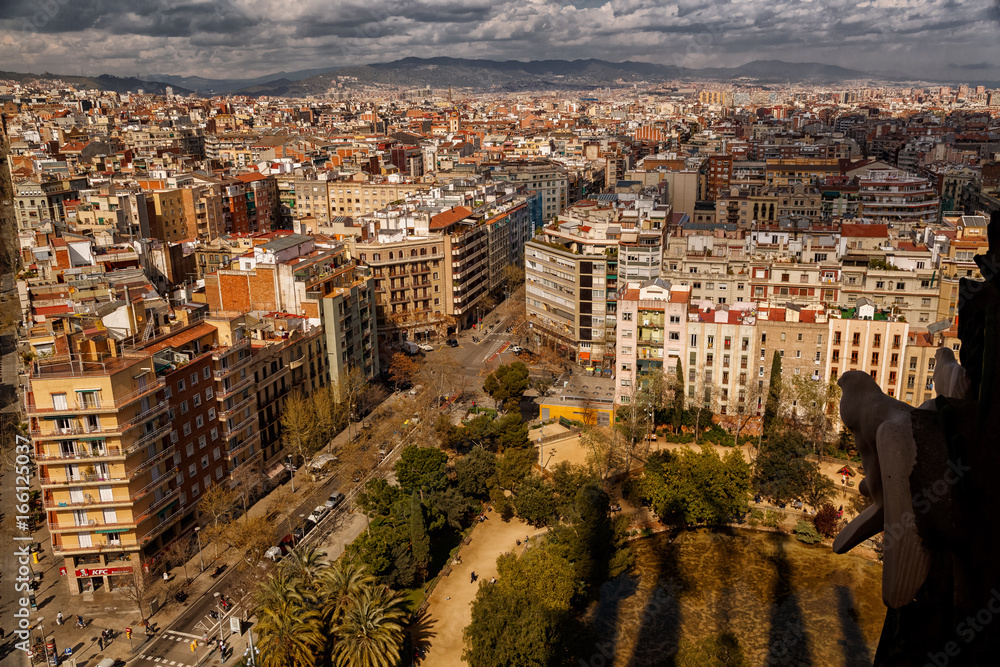 An aerial shot of the downtown of Barcelona, Catalonia, Spain