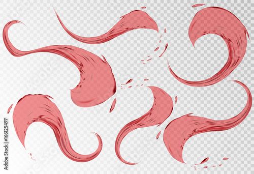 Pouring red wine splashes isolated on transparent background. Realistic liquid with drops created by gradient mesh. Dark red wine like cabernet or merlot. vector 3d illustration