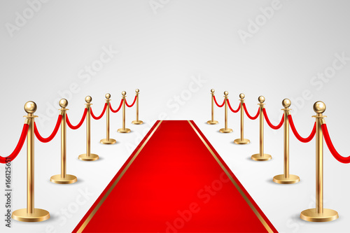 Realistic vector red event carpet and gold barriers isolated on white background. Design template, clipart in EPS10.