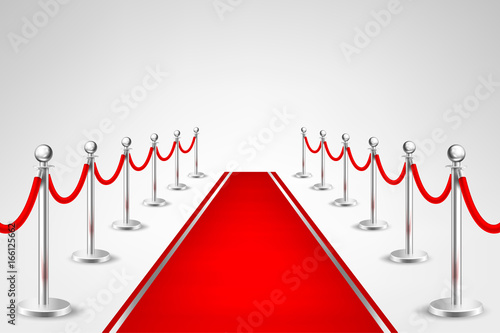 Realistic vector red event carpet and silver barriers isolated on white background. Design template, clipart in EPS10.